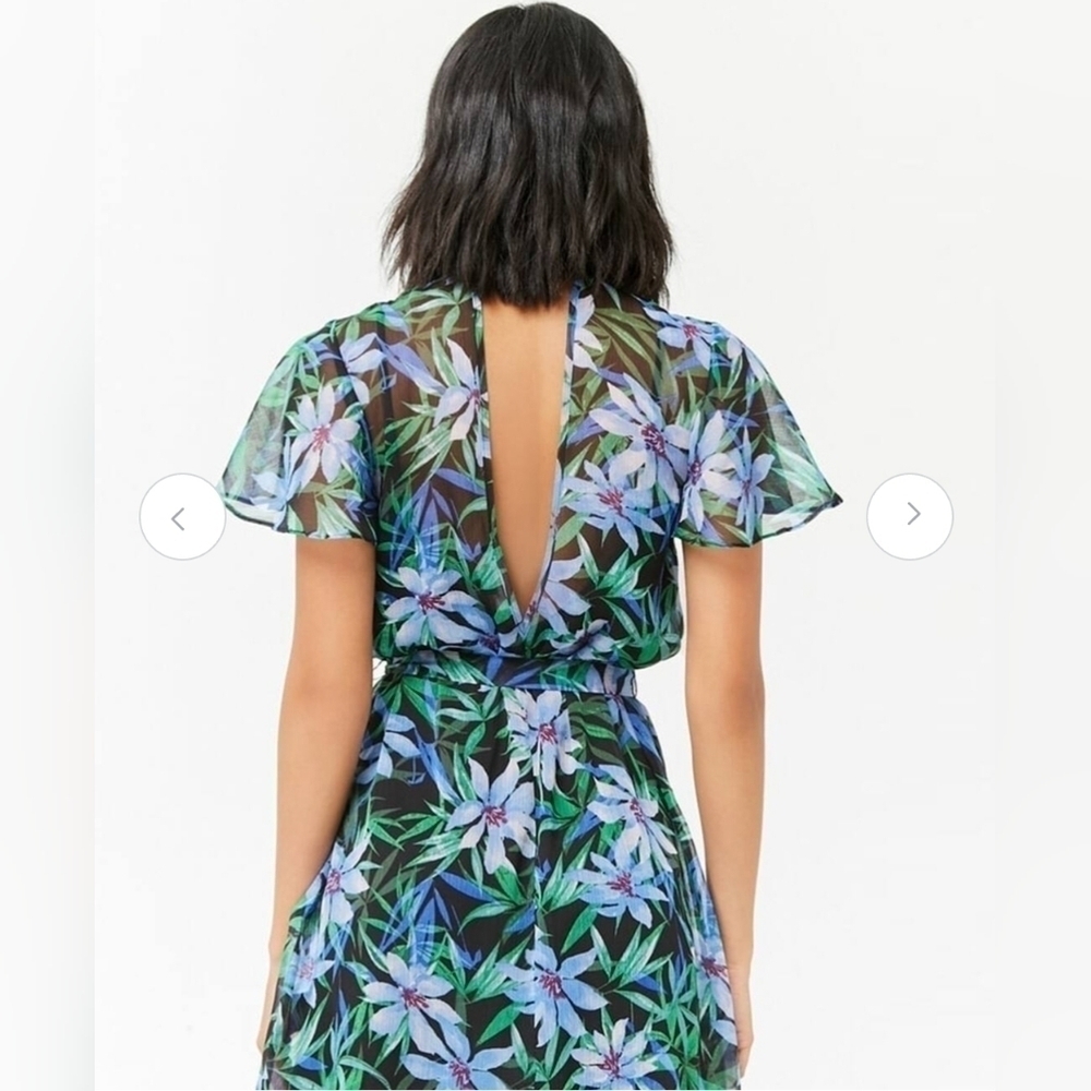 2/$20 Forever 21 Blue Green Floral Print Semi Sheer A Line Dress Size - Picture 5 of 16